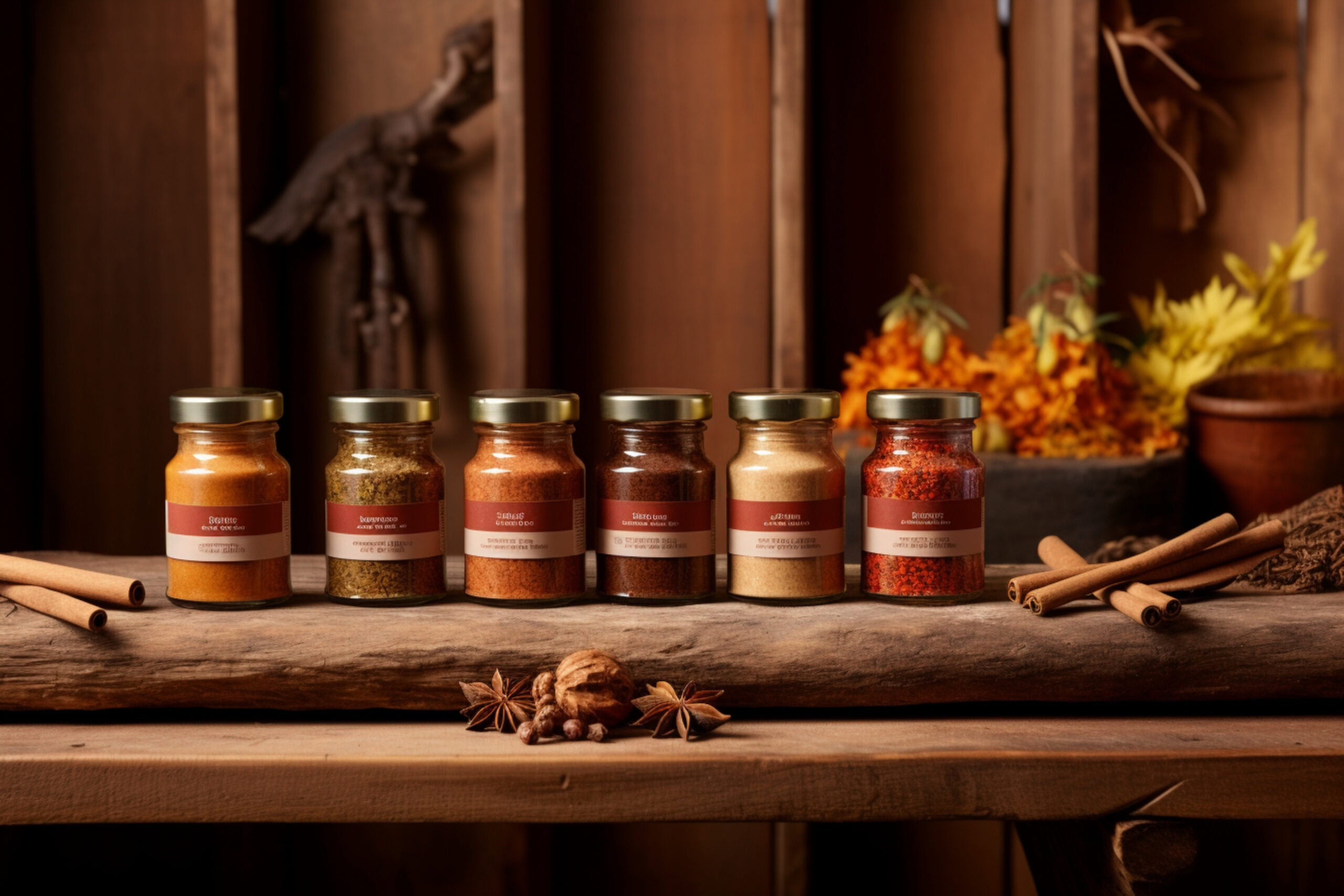 A group of jars with spices and spices on a wooden table.