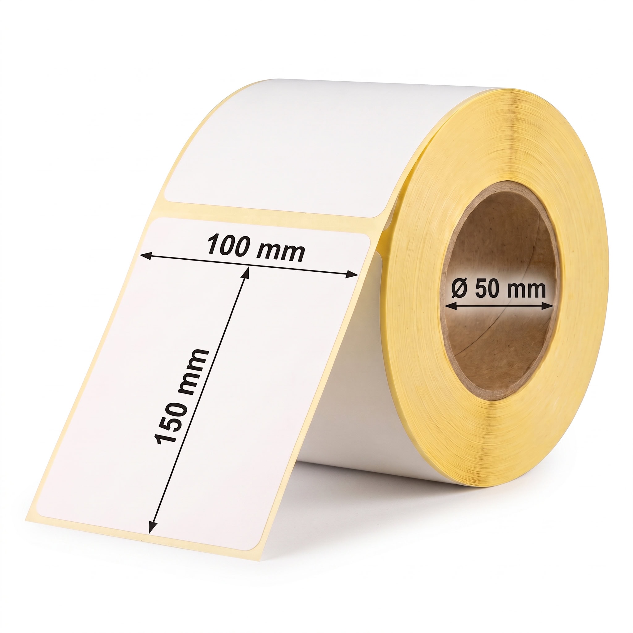 100x150 mm carta vellum. Diametro interno 50 mm. Etichette adesive neutre a rotolo. Stampa con nastro ribbon